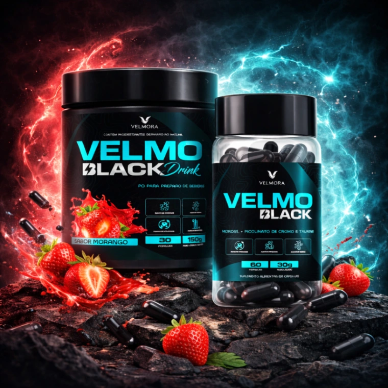 Combo Velmo Black Drink Morango (150g) + Velmo Black (60 cápsulas)